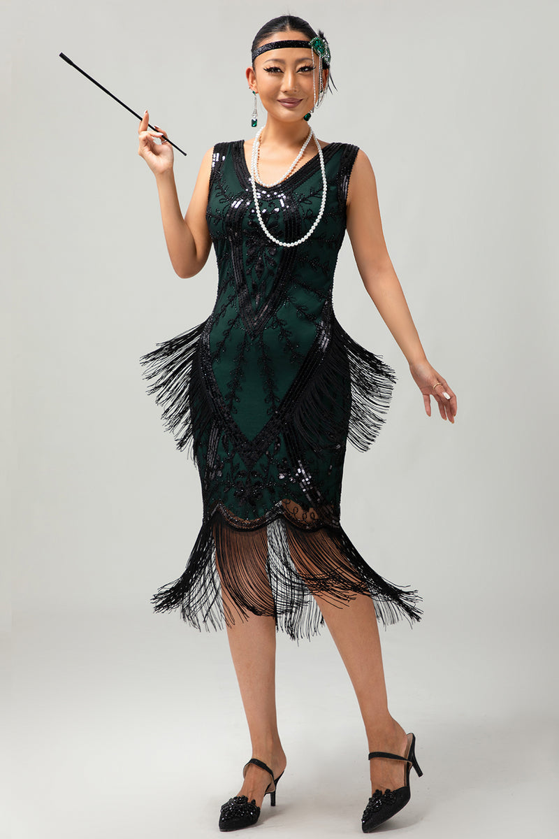 Load image into Gallery viewer, Sparkly Black Green Fringed Short 1920s Dress with 20s Accessories Set