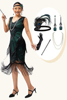 Load image into Gallery viewer, Sparkly Black Green Fringed Short 1920s Dress with 20s Accessories Set