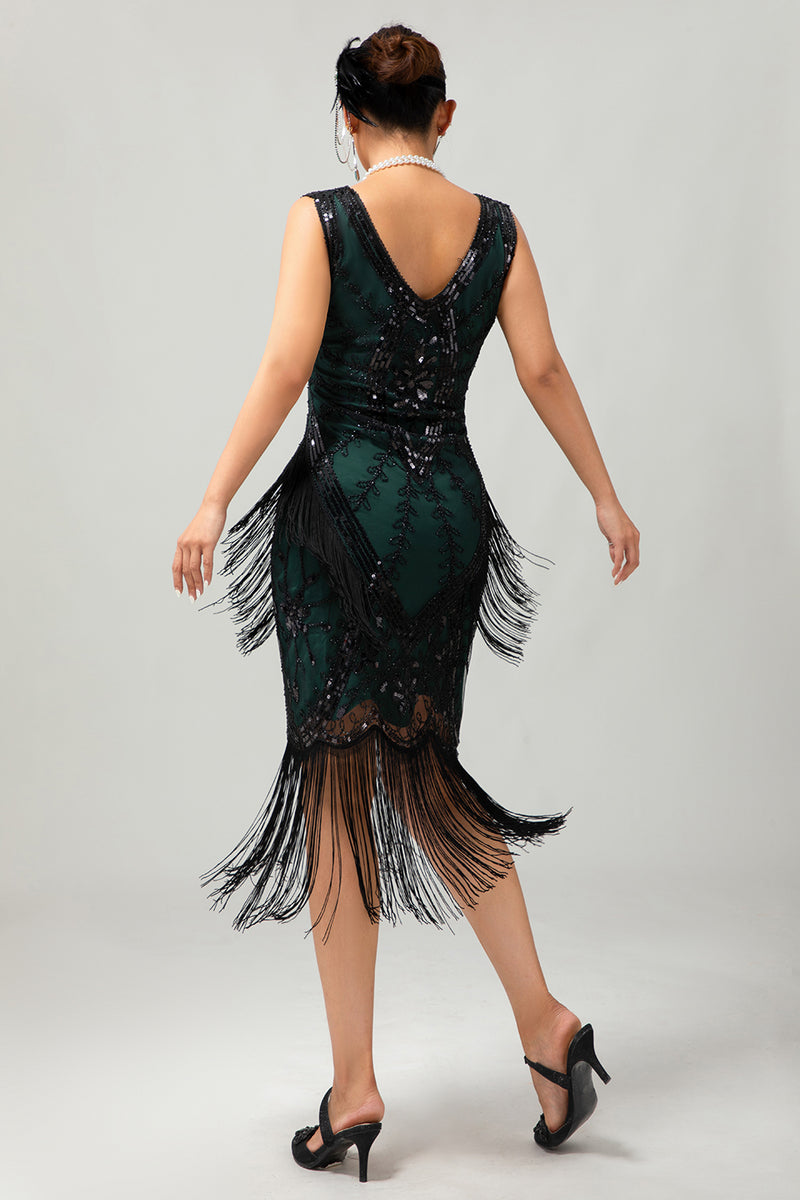 Load image into Gallery viewer, Sparkly Black Green Fringed Short 1920s Dress with 20s Accessories Set