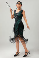Load image into Gallery viewer, Sparkly Black Green Fringed Short 1920s Dress with 20s Accessories Set