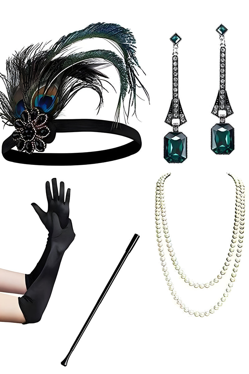 Load image into Gallery viewer, Sparkly Black Red Fringed Short 1920s Dress with 20s Accessories Set