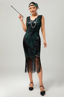 Load image into Gallery viewer, Sparkly Black Green Fringed Short 1920s Dress with 20s Accessories Set