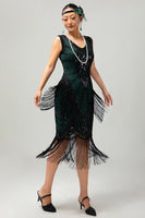 Load image into Gallery viewer, Sparkly Black Green Fringed Short 1920s Dress with 20s Accessories Set