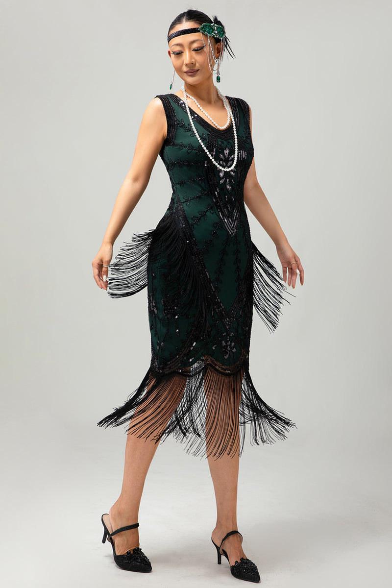 Load image into Gallery viewer, Sparkly Black Green Fringed Short 1920s Dress with 20s Accessories Set