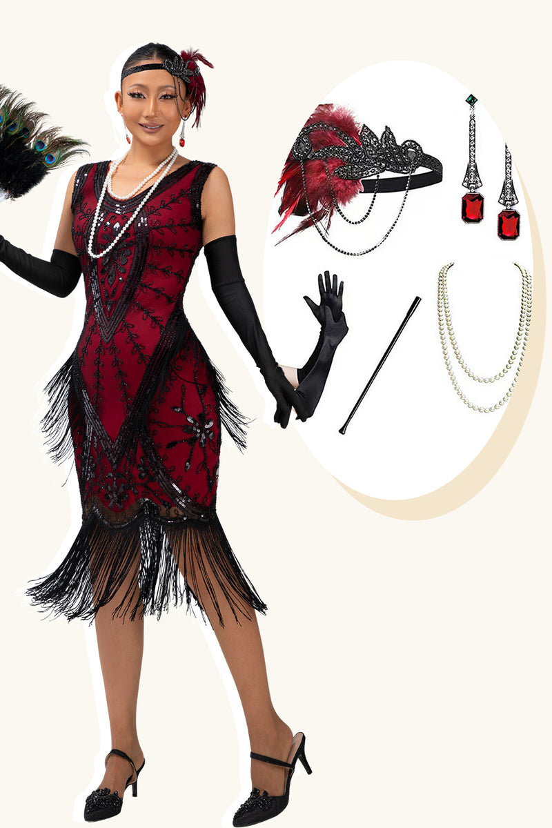 Load image into Gallery viewer, Sparkly Black Red Fringed Short 1920s Dress with 20s Accessories Set