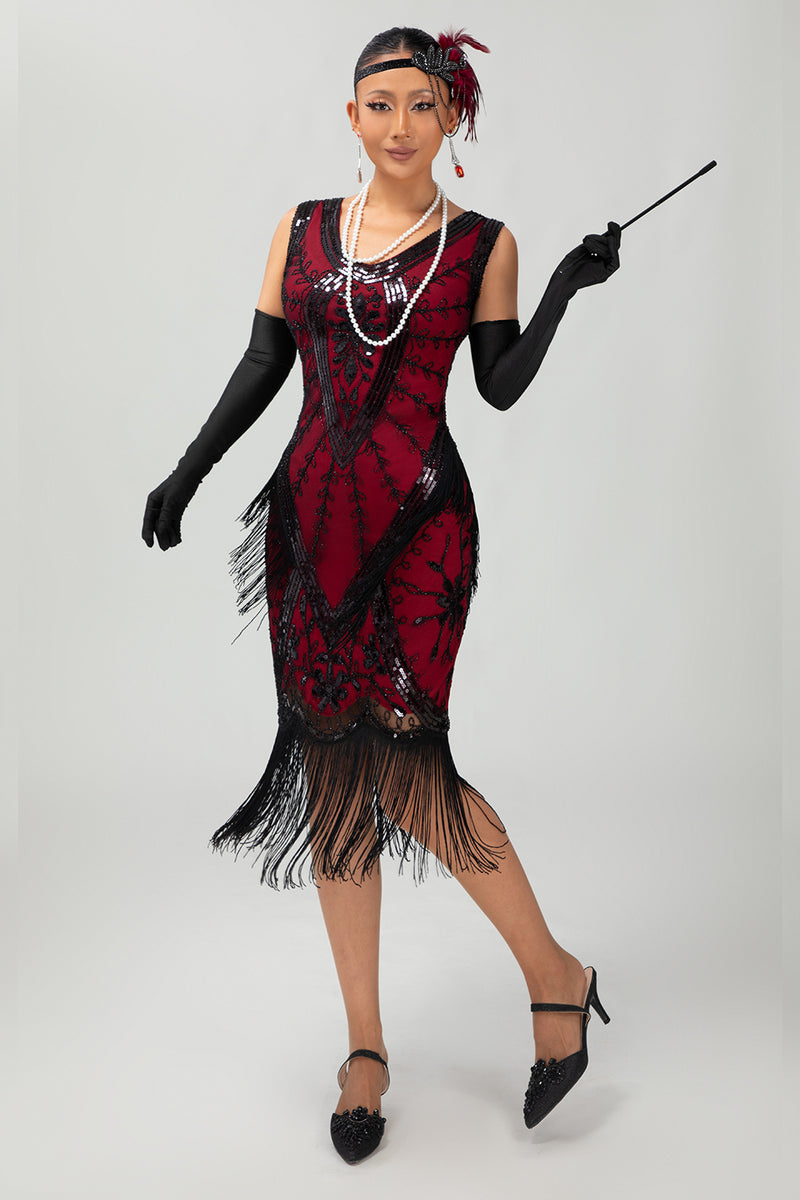 Load image into Gallery viewer, Sparkly Black Green Fringed Short 1920s Dress with 20s Accessories Set