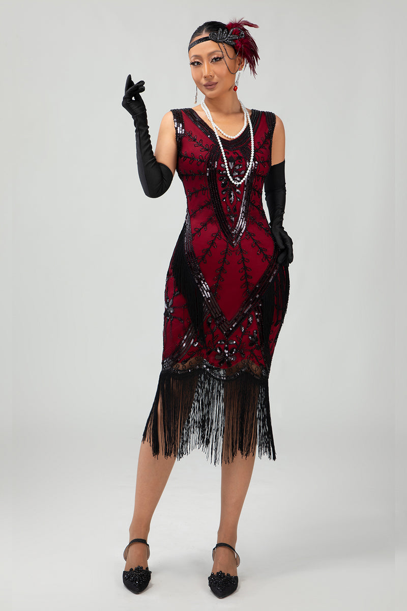 Load image into Gallery viewer, Sparkly Black Red Fringed Short 1920s Dress with 20s Accessories Set