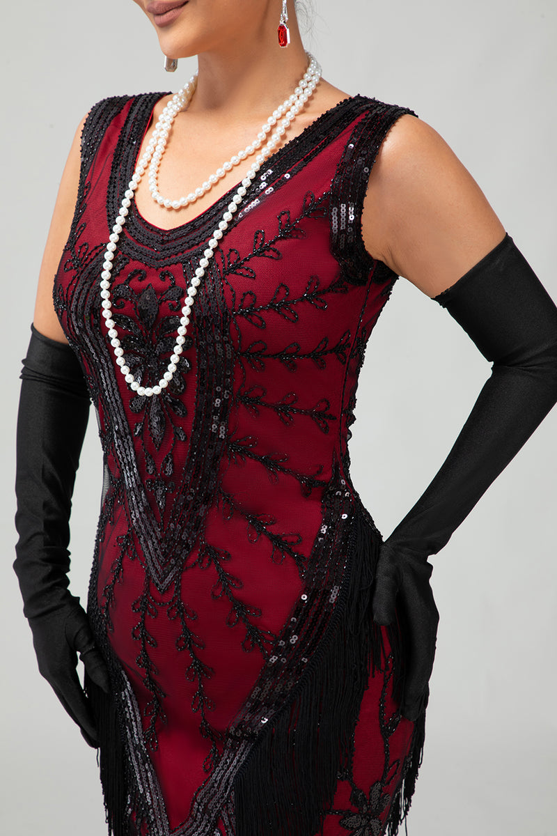 Load image into Gallery viewer, Sparkly Black Green Fringed Short 1920s Dress with 20s Accessories Set