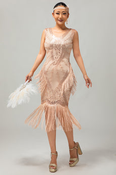 Sparkly Champagne Fringed Bodycon Short 1920s Dress with 20s Accessories Set