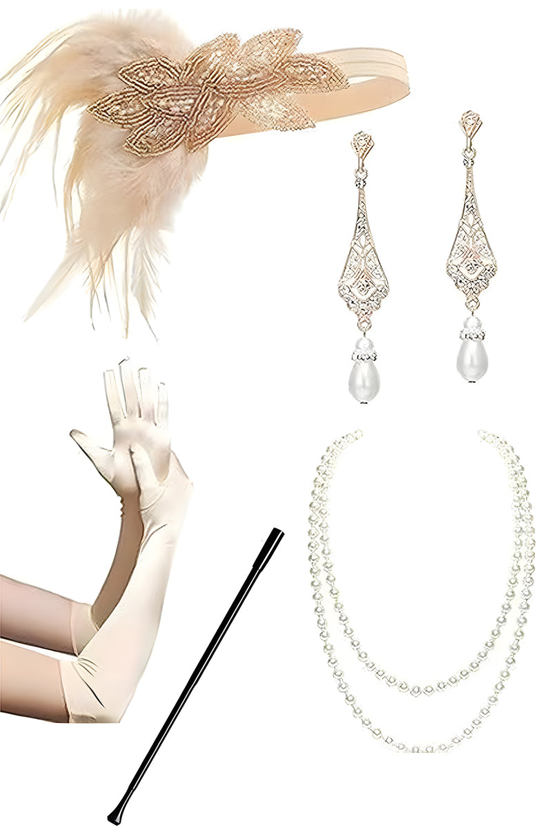 Load image into Gallery viewer, Sparkly Champagne Fringed Bodycon Short 1920s Dress with 20s Accessories Set