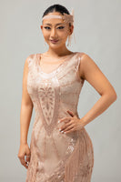 Load image into Gallery viewer, Sparkly Black Green Fringed Short 1920s Dress with 20s Accessories Set