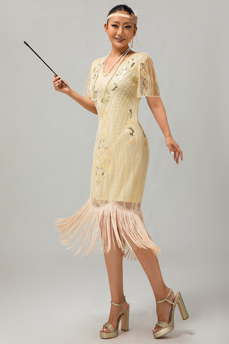 Load image into Gallery viewer, Sparkly Black Blue Sequins Short Sleeves 1920s Dress with Fringes