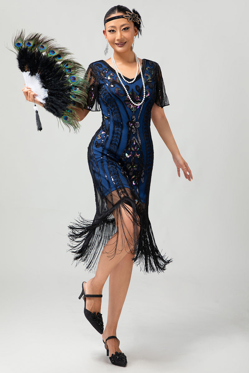 Load image into Gallery viewer, Sparkly Black Blue Sequins Short Sleeves 1920s Dress with Fringes