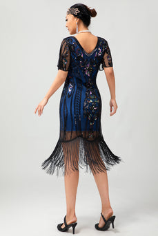 Sparkly Black Blue Sequins Short Sleeves 1920s Dress with Fringes