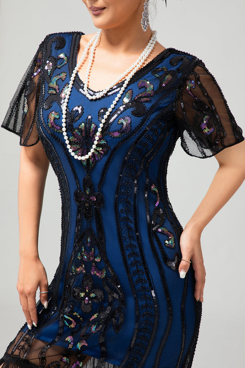 Load image into Gallery viewer, Sparkly Black Blue Sequins Short Sleeves 1920s Dress with Fringes