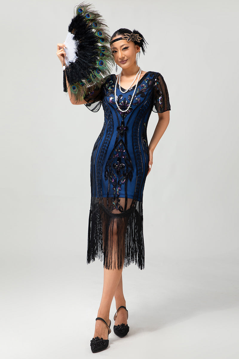 Load image into Gallery viewer, Sparkly Black Blue Sequins Short Sleeves 1920s Dress with Fringes