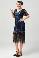 Load image into Gallery viewer, Sparkly Black Blue Sequins Short Sleeves 1920s Dress with Fringes
