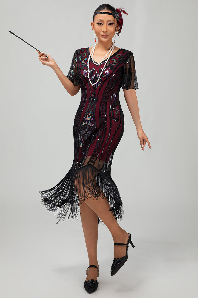 Load image into Gallery viewer, Sparkly Black Blue Sequins Short Sleeves 1920s Dress with Fringes