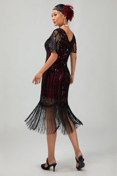 Sparkly Black Burgundy Fringed Short Sleeves 1920s Dress with Sequins