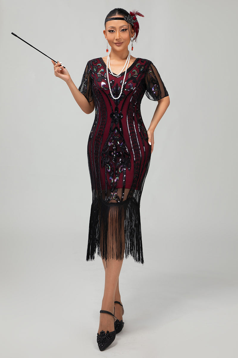 Load image into Gallery viewer, Sparkly Black Blue Sequins Short Sleeves 1920s Dress with Fringes