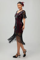 Load image into Gallery viewer, Sparkly Black Blue Sequins Short Sleeves 1920s Dress with Fringes