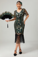 Load image into Gallery viewer, Sparkly Black Blue Sequins Short Sleeves 1920s Dress with Fringes