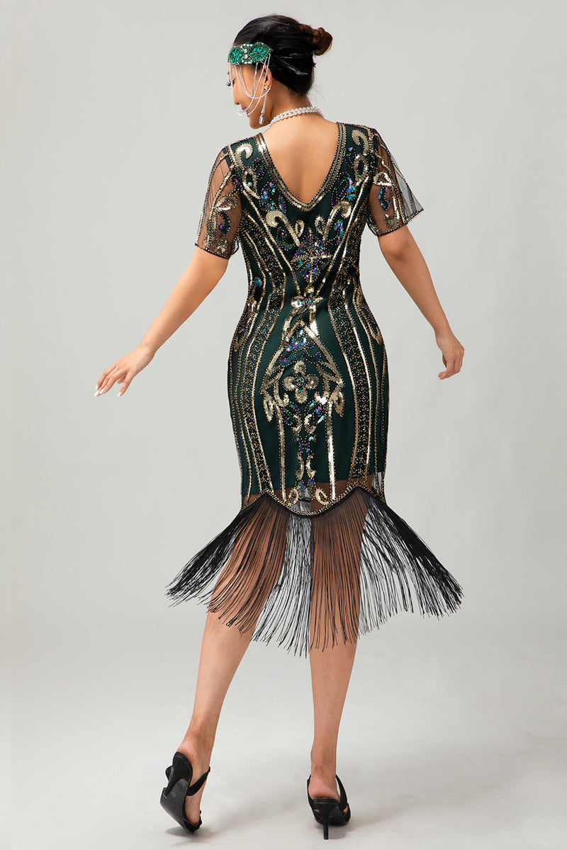 Load image into Gallery viewer, Sparkly Black Blue Sequins Short Sleeves 1920s Dress with Fringes