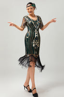 Load image into Gallery viewer, Sparkly Black Blue Sequins Short Sleeves 1920s Dress with Fringes