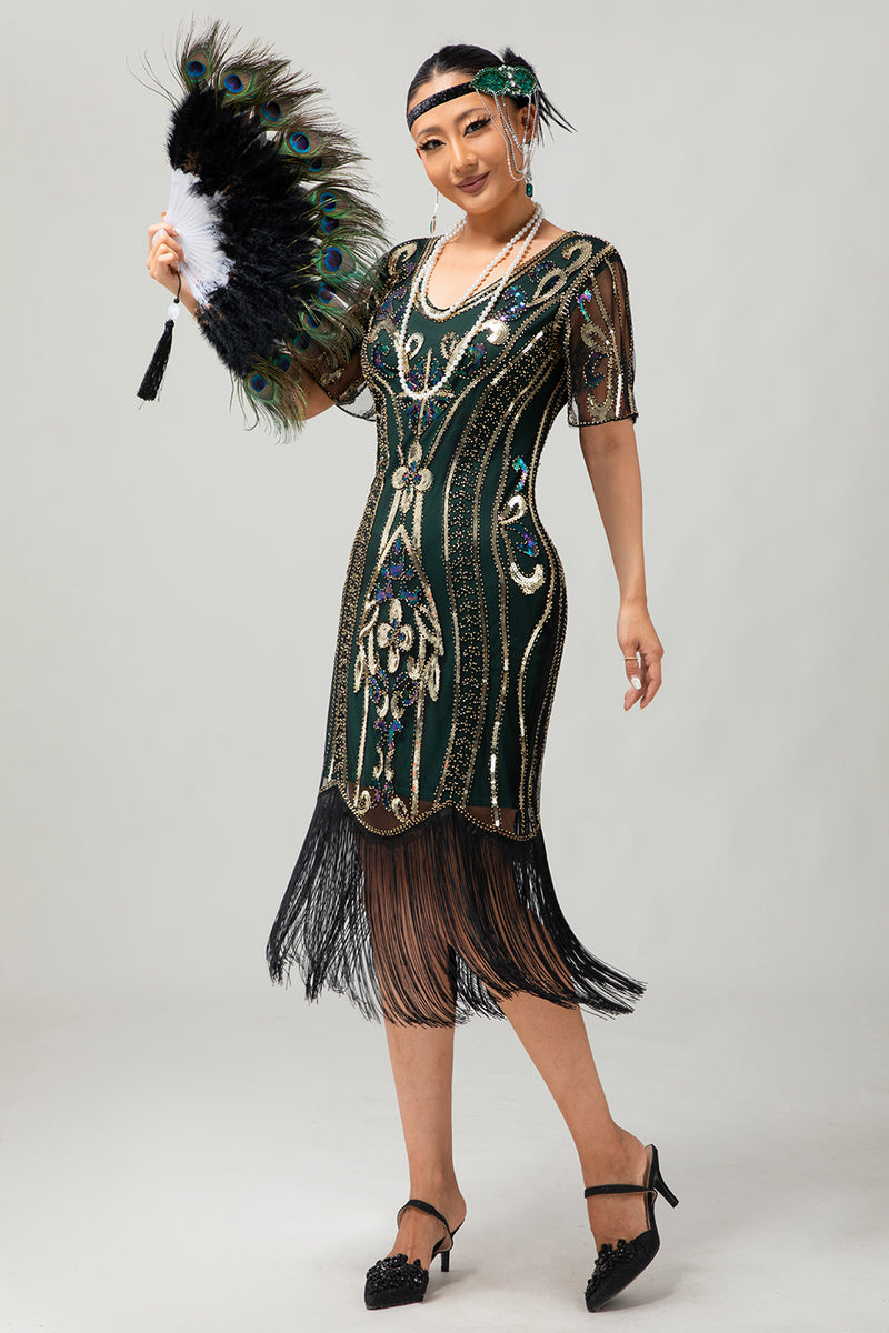Load image into Gallery viewer, Sparkly Black Blue Sequins Short Sleeves 1920s Dress with Fringes