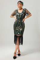 Load image into Gallery viewer, Sparkly Black Blue Sequins Short Sleeves 1920s Dress with Fringes