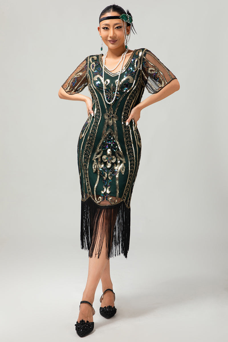 Load image into Gallery viewer, Sparkly Black Blue Sequins Short Sleeves 1920s Dress with Fringes