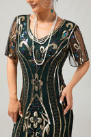 Load image into Gallery viewer, Sparkly Black Blue Sequins Short Sleeves 1920s Dress with Fringes