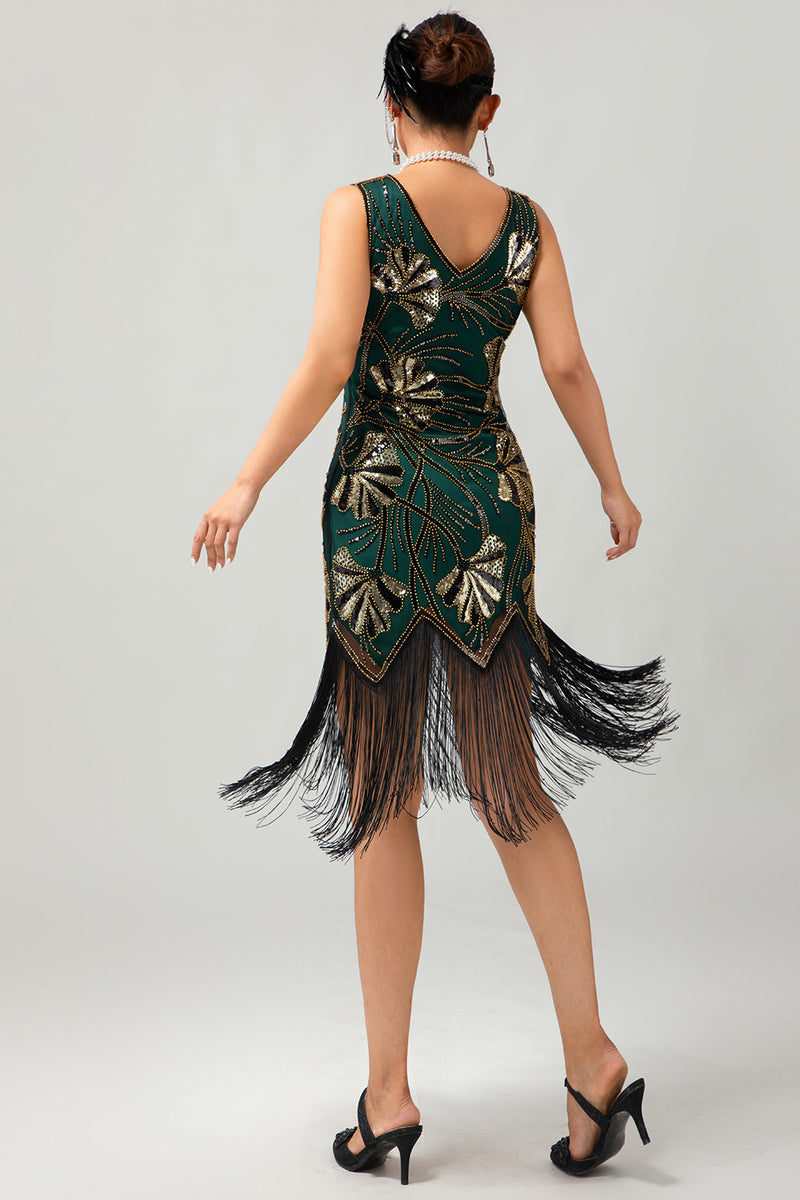 Load image into Gallery viewer, Sparkly Black Golden Sequins Fringed Flapper Dress with Beading