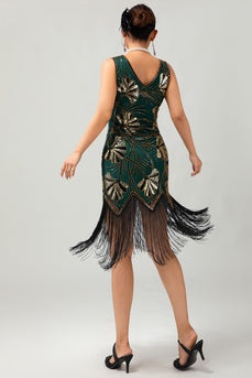 Sparkly Green Golden Fringed Bodycon Short 1920s Dress with Sequins
