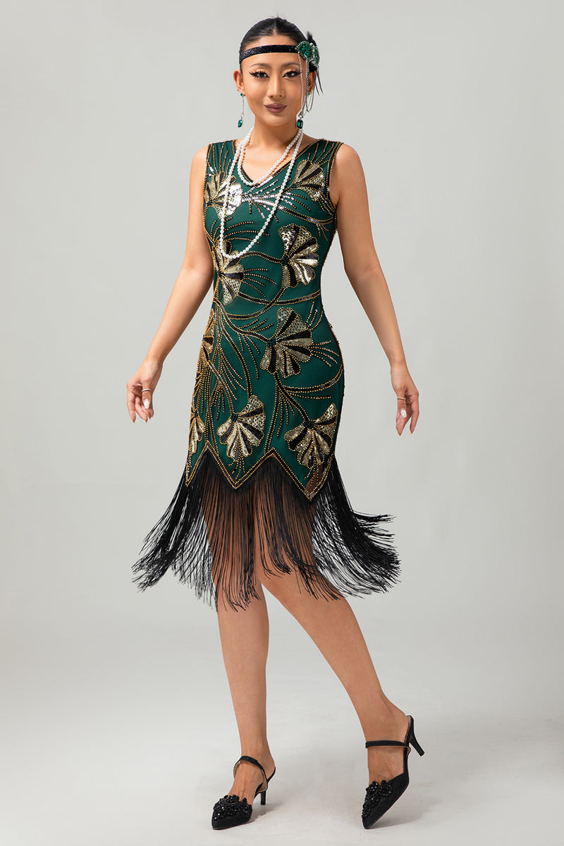 Load image into Gallery viewer, Sparkly Black Golden Sequins Fringed Flapper Dress with Beading