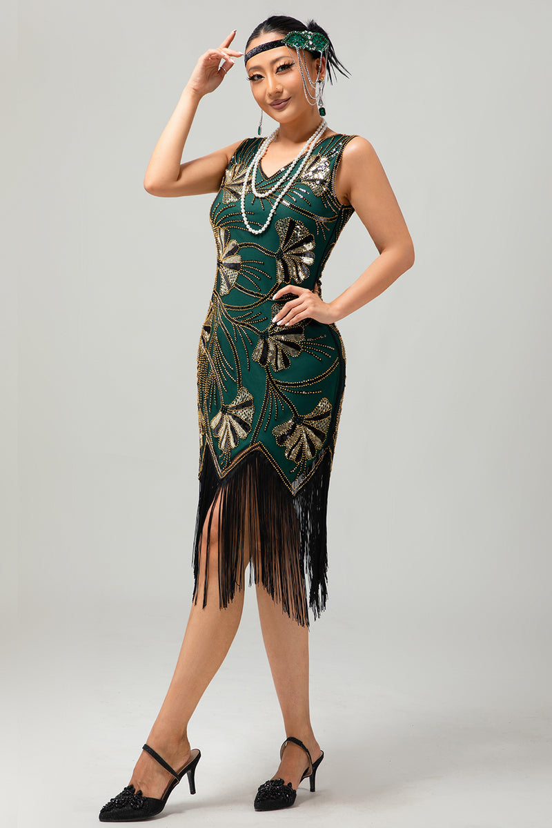 Load image into Gallery viewer, Sparkly Green Golden Fringed Bodycon Short 1920s Dress with Sequins
