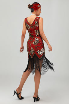 Sparkly Red Gold Fringed Short 1920s Dress with Sequins