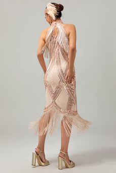Sparkly Champagne Halter High Neck Sequins Sheath Flapper Dress with Fringes