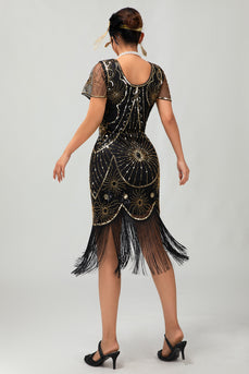 Sparkly Black Golden Sequins Scoop Neck Flapper Dress with Fringes