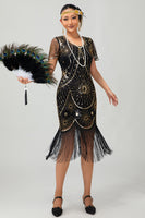 Load image into Gallery viewer, Sparkly Black Silver Sequins Short Sleeves Flapper Dress with Fringes
