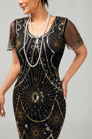 Load image into Gallery viewer, Sparkly Black Silver Sequins Short Sleeves Flapper Dress with Fringes