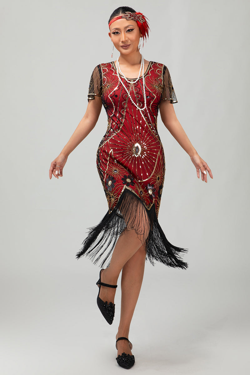 Load image into Gallery viewer, Sparkly Black Silver Sequins Short Sleeves Flapper Dress with Fringes