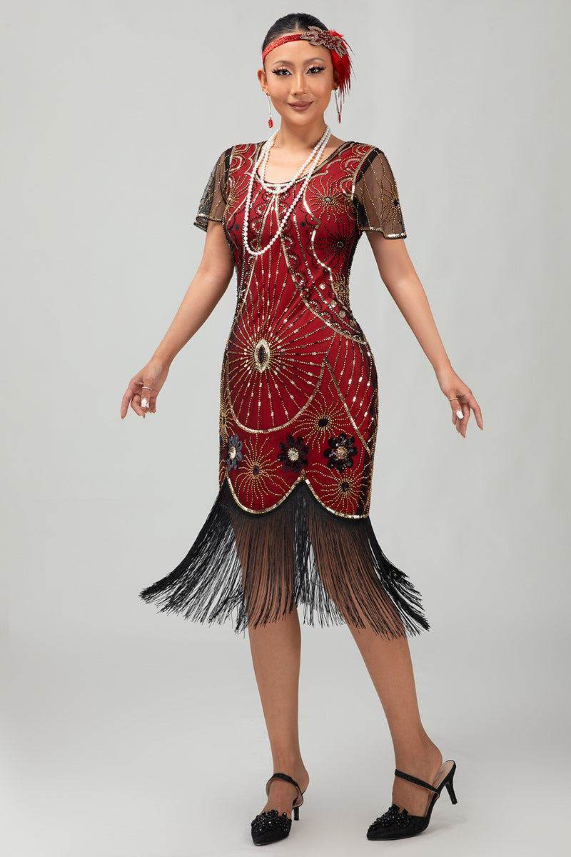 Load image into Gallery viewer, Sparkly Black Silver Sequins Short Sleeves Flapper Dress with Fringes