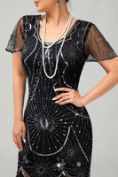 Load image into Gallery viewer, Sparkly Black Silver Sequins Short Sleeves Flapper Dress with Fringes