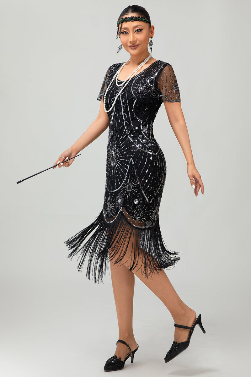 Load image into Gallery viewer, Sparkly Black Silver Sequins Short Sleeves Flapper Dress with Fringes