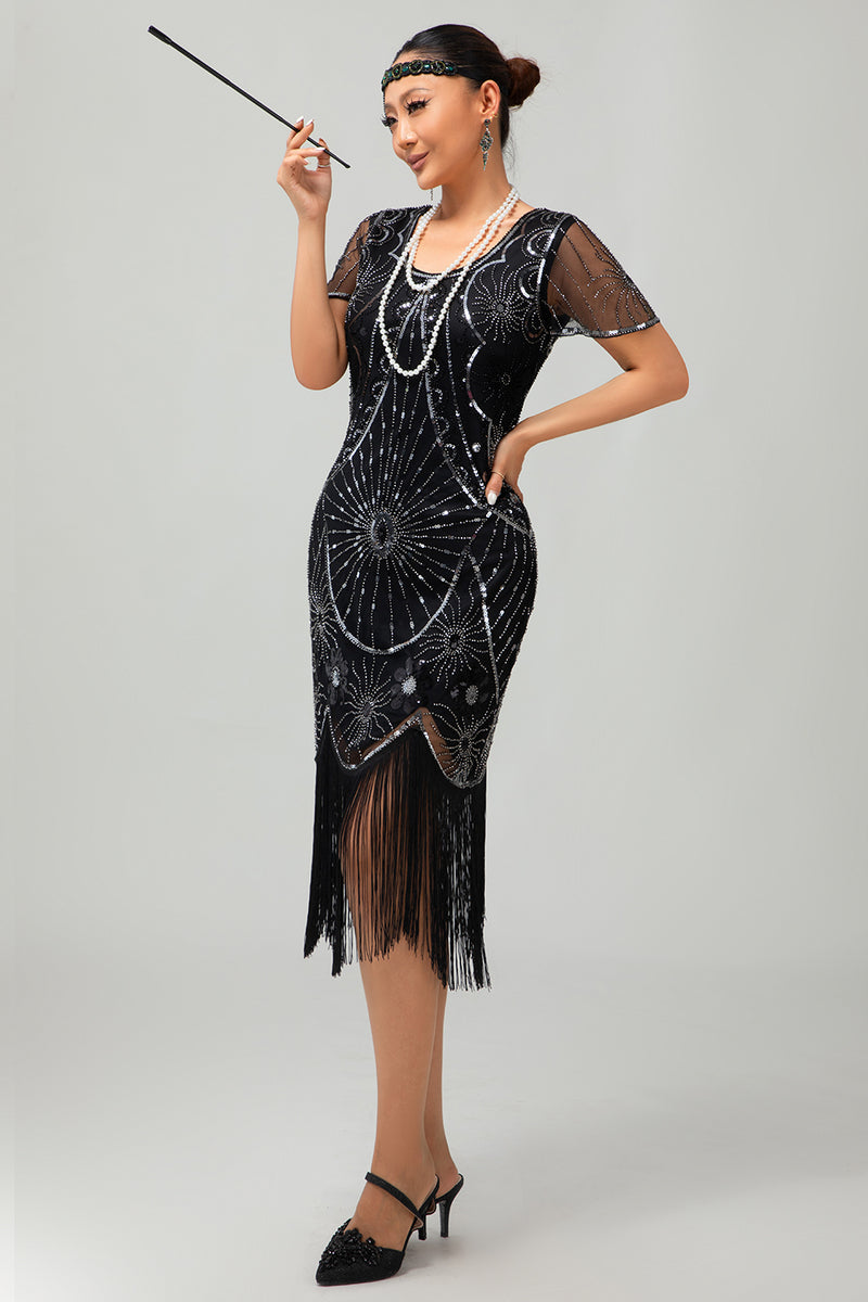 Load image into Gallery viewer, Sparkly Black Silver Sequins Short Sleeves Flapper Dress with Fringes