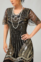 Load image into Gallery viewer, Sparkly Black Silver Bodycon Fringed Flapper Dress with Sleeves
