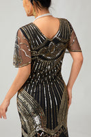 Load image into Gallery viewer, Sparkly Black Silver Bodycon Fringed Flapper Dress with Sleeves