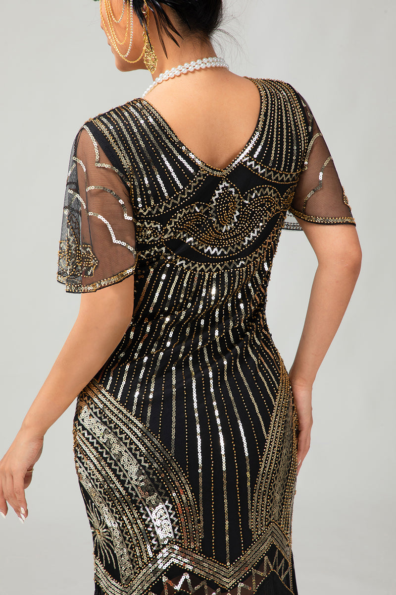 Load image into Gallery viewer, Sparkly Black Silver Bodycon Fringed Flapper Dress with Sleeves