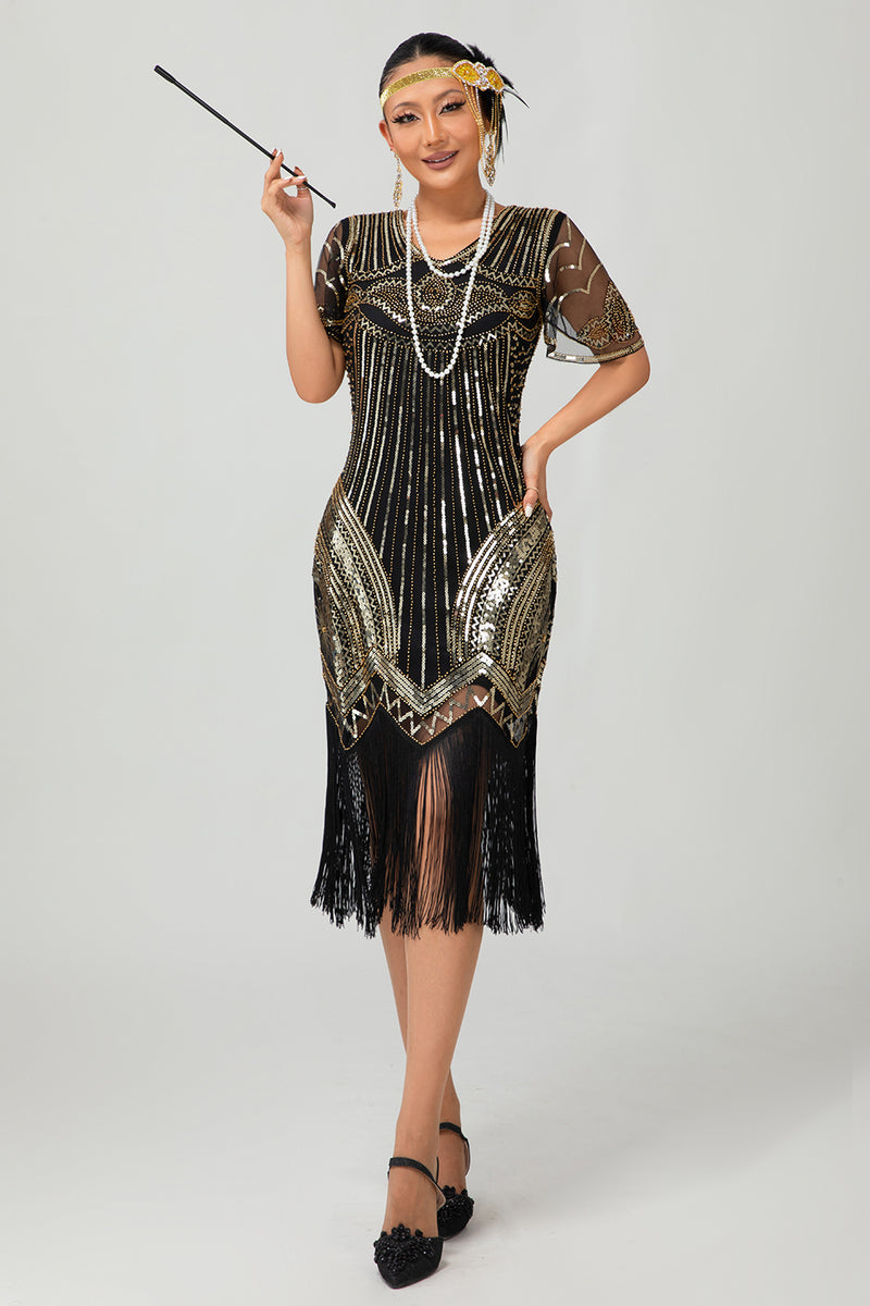 Load image into Gallery viewer, Sparkly Black Silver Bodycon Fringed Flapper Dress with Sleeves